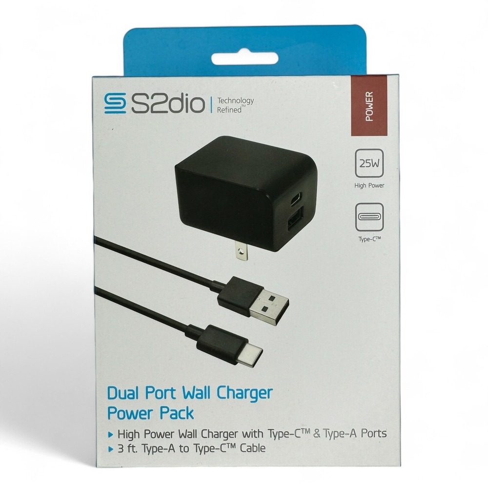 S2dio 25W Dual Port Wall Charger USB-C & USB-A Power Pack with 3ft Type-C Cable